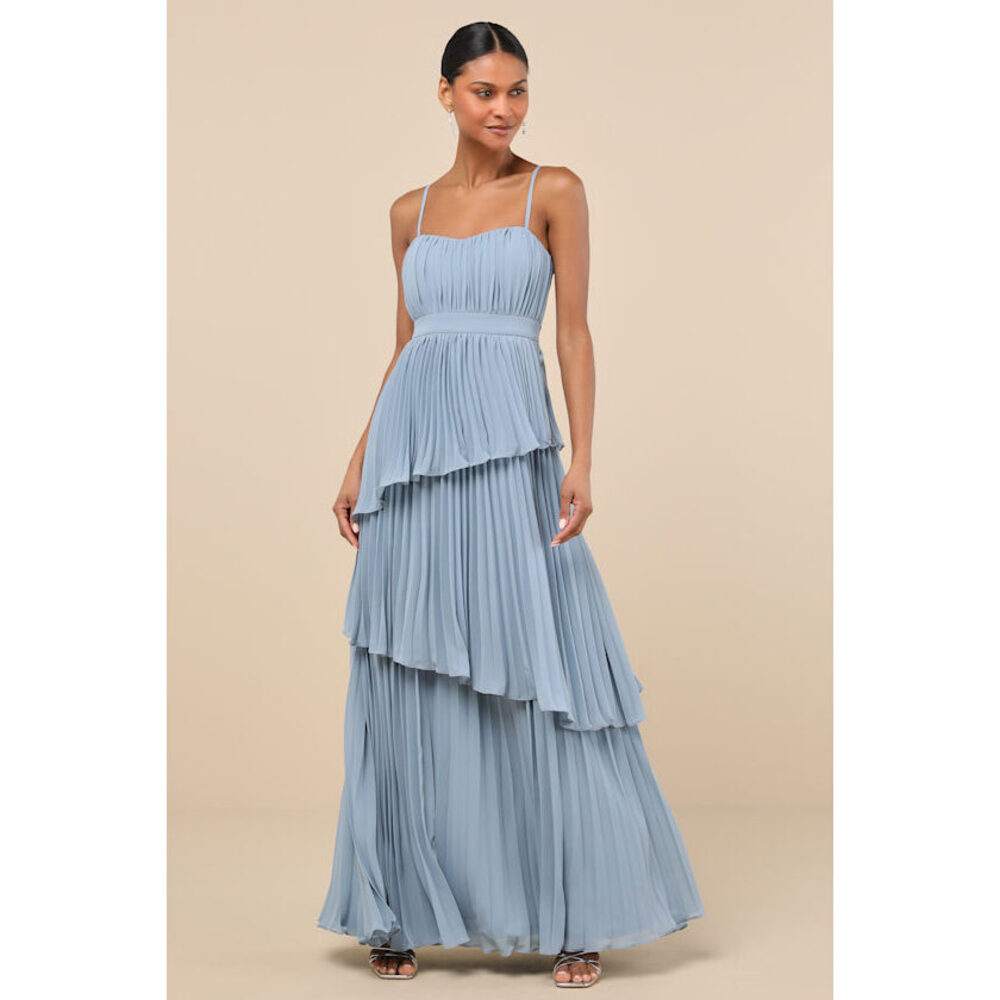 Lulus Jehona Dusty Blue Pleated Tiered Maxi Dress - Size XL